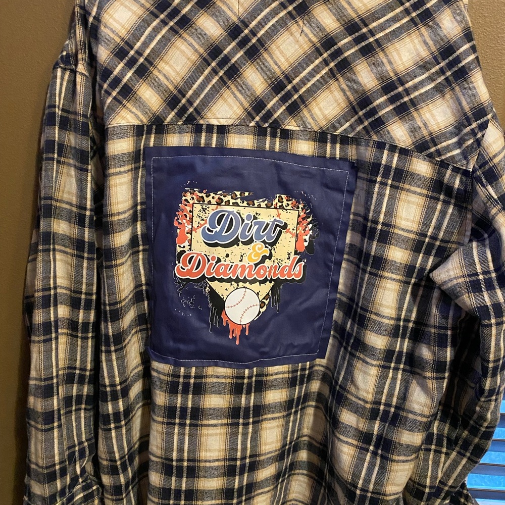 Hand designed baseball themed women’s button-down flannel size XL